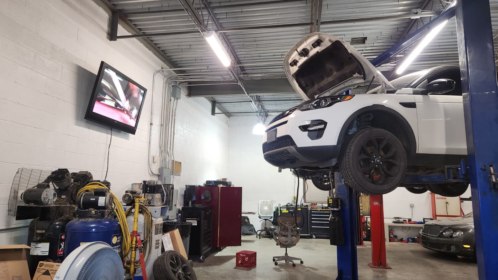 Vehicle lifted on hydraulic lift for inspection